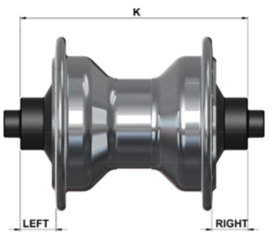 Hub side view showing total length K and flange distances